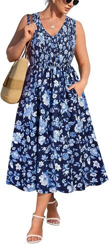 RITERA Plus Size Summer Dresses for Curvy Women Sleeveless V Neck Spring Wedding Guest Dress Maxi Smocked Casual Dress XL-5XL in Saudi Arabia