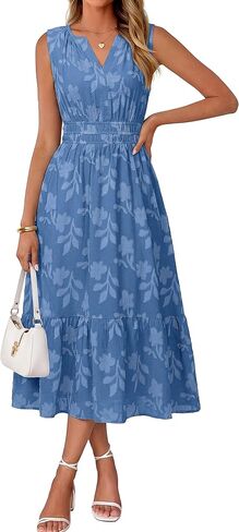 Simplee Womens Summer Maxi Dress Boho Floral Casual A Line V Neck Sleeveless Empire Waist Flowy Beach Vacation Sundress in Kuwait