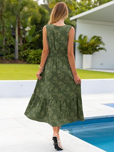 Simplee Womens Summer Maxi Dress Boho Floral Casual A Line V Neck Sleeveless Empire Waist Flowy Beach Vacation Sundress in Saudi Arabia