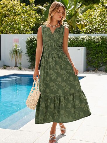 Simplee Womens Summer Maxi Dress Boho Floral Casual A Line V Neck Sleeveless Empire Waist Flowy Beach Vacation Sundress in Saudi Arabia