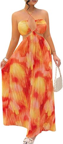 SHENHE Women's Summer Criss Cross Halter Maxi Dress Backless Flowy Beach Vacation Plisse Sundress in Saudi Arabia