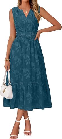 Simplee Womens Summer Maxi Dress Boho Floral Casual A Line V Neck Sleeveless Empire Waist Flowy Beach Vacation Sundress in Saudi Arabia
