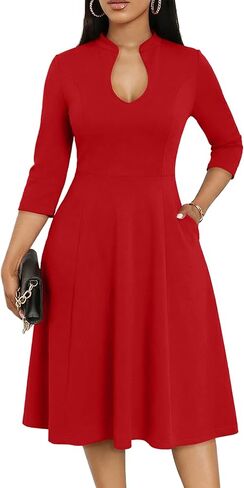 Nmoder Casual Dresses for Women, Deep V Neck Sexy Work 3/4 Sleeve Midi Fit and Flare Dress with Pockets in Kuwait