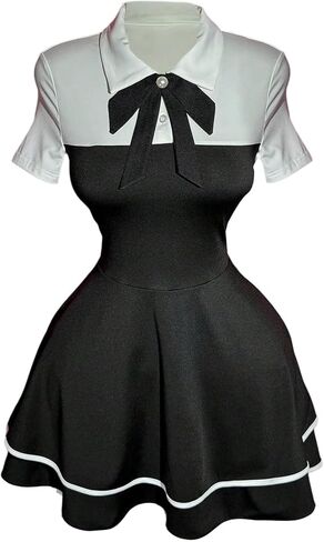 Women's Layered Ruffle Color Block Dress Cute Bow Tie Collared Short Sleeve A Line Mini Going Out Dresses in Saudi Arabia