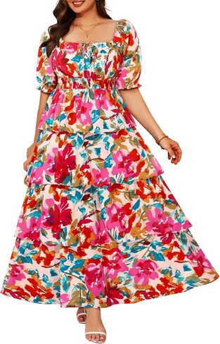 Plus Size Summer Dresses 2026 - Floral Milkmaid Puff Sleeve Casual Ruffle Tiered Maxi Long Sundress in Saudi Arabia