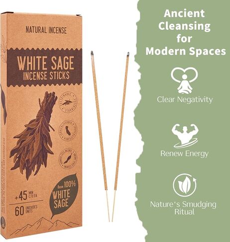 White Sage Incense Sticks - Total 60 Insence-Sticks - Smudging Incense for Positive Energy & Spiritual Cleansing in Kuwait