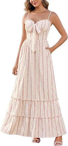Womens Floral Front Tie Smocked Maxi Dress Spaghetti Strap Ruffled Tiered Summer Casual Boho Beach Sundress in Saudi Arabia