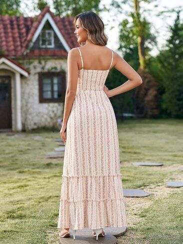 Womens Floral Front Tie Smocked Maxi Dress Spaghetti Strap Ruffled Tiered Summer Casual Boho Beach Sundress in Saudi Arabia