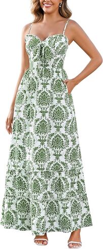 Womens Floral Front Tie Smocked Maxi Dress Spaghetti Strap Ruffled Tiered Summer Casual Boho Beach Sundress in Kuwait