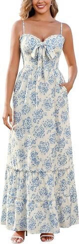 Womens Floral Front Tie Smocked Maxi Dress Spaghetti Strap Ruffled Tiered Summer Casual Boho Beach Sundress in Saudi Arabia