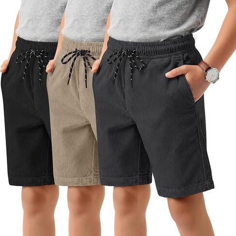 3 Pack Boy's Lightweight Shorts Elastic Waist Corduroy Athletic Shorts Drawstring Summer Bottoms with Pockets in Kuwait