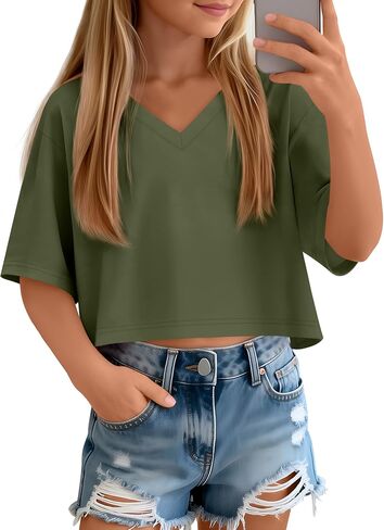 Girls V Neck Crop Tops Kids Drop Shoulder Short Sleeve Knit T-Shirts Oversized Summer Athletic Cropped Tees 5-14Y in Kuwait