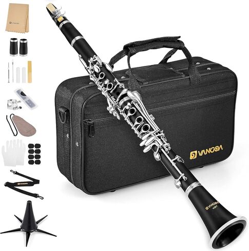 Vangoa Bb Clarinet, B Flat Beginner Student Clarinet Bb Nickel-Plated for School Band Orchestra adult kid with Hard Case, Stand, Cleaning Kit, Barrels, Gloves, Strap, Pads, Reeds in Kuwait