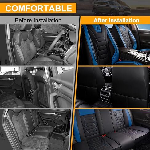 أغطية مقاعد السيارة لسيارة Honda Civic 2003-2026، مجموعة كاملة من 5 مقاعد من جلد نابا الفاخر المقاوم للماء وجيد التهوية ومضاد للانزلاق مع تصميم متوافق مع الوسادة الهوائية (قياسي، أسود وأزرق) in Kuwait