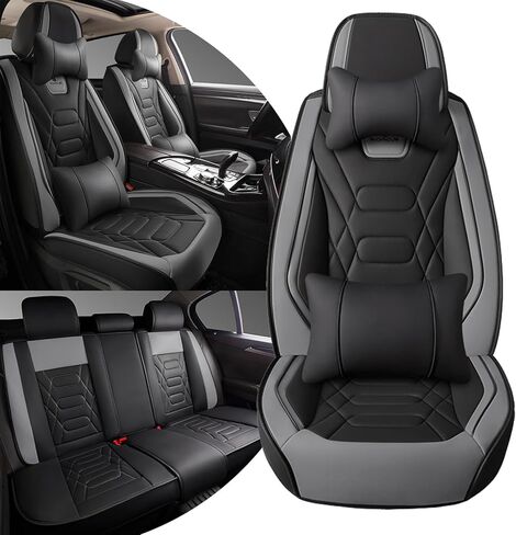 أغطية مقاعد السيارة لسيارة Honda Civic 2003-2026، مجموعة كاملة من 5 مقاعد من جلد نابا الفاخر المقاوم للماء وجيد التهوية ومضاد للانزلاق مع تصميم متوافق مع الوسادة الهوائية (قياسي، أسود وأزرق) in Kuwait
