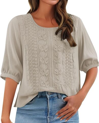 Embroidered Linen Cotton 3/4 Sleeve Tops for Women 2025 Summer Boho Tunic Plus Size High Low Blouses in Saudi Arabia
