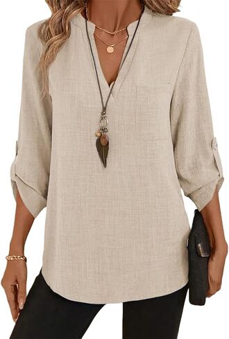 Womens Tops 3/4 Length Sleeve Button Down V Neck Blouse for Work School Business Casual Everyday Wear in Saudi Arabia