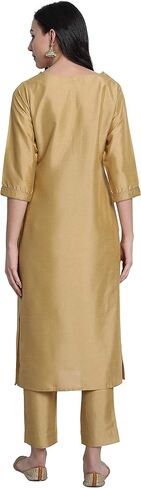 Janasya Indian Women's Gold Solid Festive Wear Kurta Set for Women in Kuwait