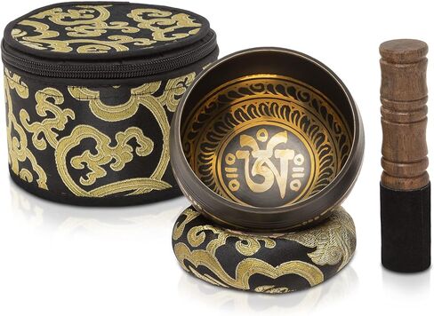 Tibetan Singing Bowl Set ~ 7 Chakra Stones and Lava Stone Chakra Bracelet ~ Easy to Play with Fabric Case, Cushion, Mallet ~ Handcrafted in Nepal for Meditation, Yoga, Spiritual Healing, & Mindfulness in Kuwait