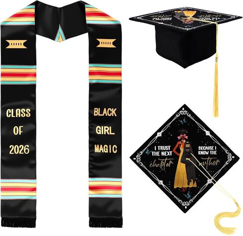 2026 Kente التخرج سرق وقبعة فتاة سوداء سحرية سرق وشاح أفريقي تحفيزي ملهم مخصص للنساء in Kuwait