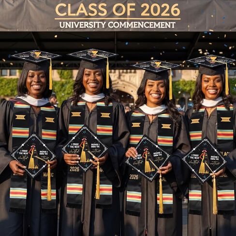 2026 Kente التخرج سرق وقبعة فتاة سوداء سحرية سرق وشاح أفريقي تحفيزي ملهم مخصص للنساء in Kuwait