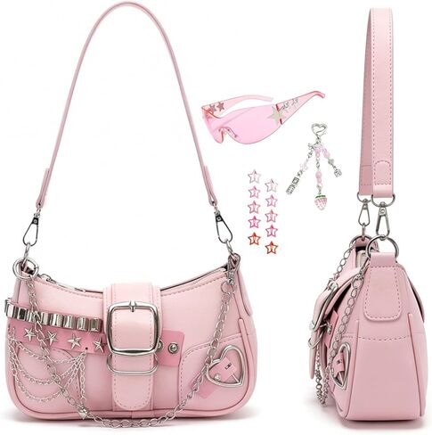 Y2k Gothic Pink Mini Shoulder Bag Set with Sunglasses, Star Hair Clips & Strawberry Keychain - Complete Kawaii Aesthetic Accessory Kit for Women in Saudi Arabia