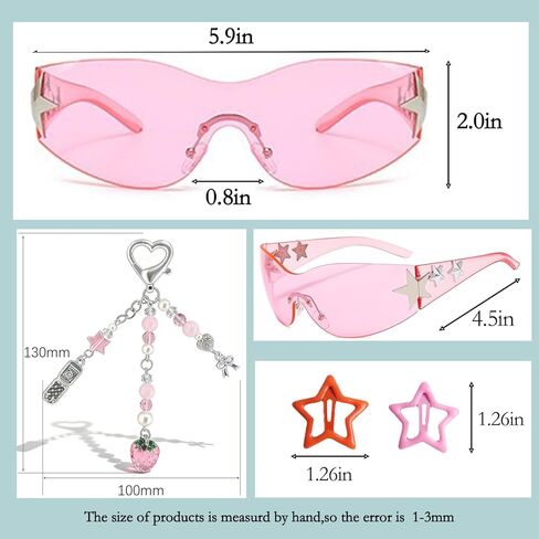Y2k Gothic Pink Mini Shoulder Bag Set with Sunglasses, Star Hair Clips & Strawberry Keychain - Complete Kawaii Aesthetic Accessory Kit for Women in Saudi Arabia