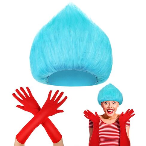 Halloween Wig Glove Costume Set for Adult Included Funny Crazy Wig Long Elbow Gloves for Halloween Cosplay Party (Sky Blue, Red) in Saudi Arabia