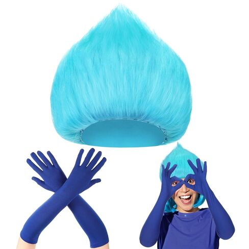 Halloween Wig Glove Costume Set for Adult Included Funny Crazy Wig Long Elbow Gloves for Halloween Cosplay Party (Sky Blue, Red) in Saudi Arabia
