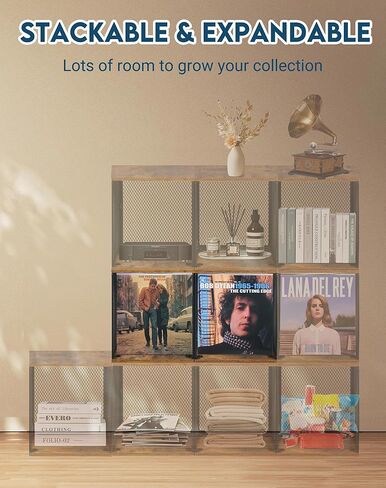 تخزين سجل الفينيل LOFTEY، حامل سجل 50-60 سجل، تخزين ألبوم قابل للتكديس لسجلات الفينيل، يناسب سجلات من 7 إلى 12 بوصة، صندوق تخزين سجل الفينيل للألبومات والكتب والألعاب، تصميم مكعب كلاسيكي، بني in Kuwait