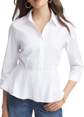SUNNOW Women's Peplum Shirt Classic Fit 3/4 Sleeve Blouse with Point Collar & Button Front for Hourglass Silhouette in Saudi Arabia