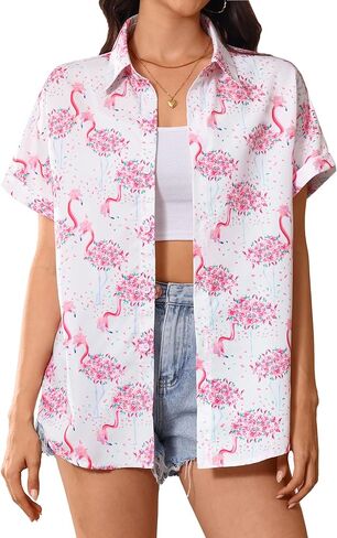 قميص هاواي نسائي بأكمام قصيرة وأزرار استوائية للأسفل للصيف والشاطئ ألوها لونا وزهور هاواي خفيف الوزن in Kuwait