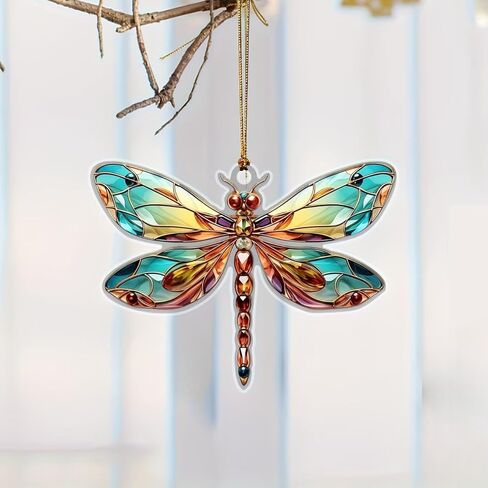 Acrylic Dragonfly Ornament - Stained Glass Style Hanging Decor with Golden Rope for Window, Christmas Tree & Home (1 Piece)/GJ-28 in Saudi Arabia