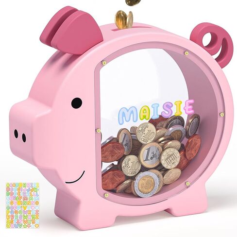 Wooden Piggy Bank for Kids Cute Money Bank for Boys and Girls Clear Wood Money Box Personalized Saving Money Jar, Creative Present for Children Birthday Chrismas & Decor (Naturl Wood, Standard) in Kuwait