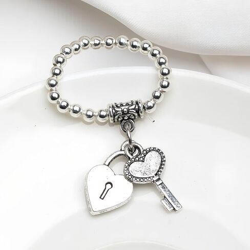 Heart Ring Stretch Rings for Women Dangle Charm Lock & Key Antique Silver Casual Daily Jewelry in Kuwait