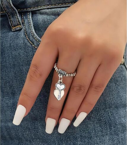 Heart Ring Stretch Rings for Women Dangle Charm Lock & Key Antique Silver Casual Daily Jewelry in Kuwait