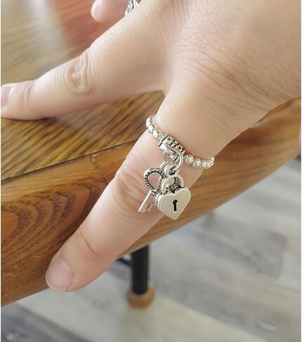 Heart Ring Stretch Rings for Women Dangle Charm Lock & Key Antique Silver Casual Daily Jewelry in Kuwait