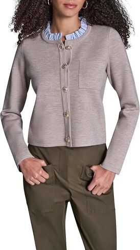 BCBG Women's Sweater Jacket With Woven Ruffle Neck Trim in Kuwait