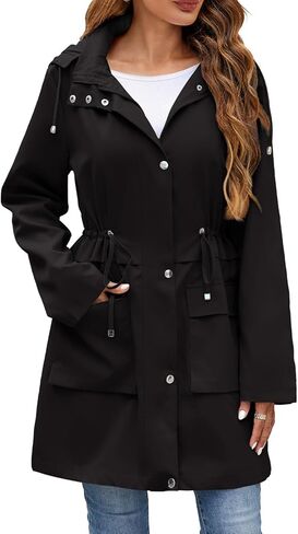 Womens Rain Jacket with Hood, Long Rain Coat for Women Waterproof Trench Coat Lined Windbreaker Fall Jacket in Kuwait