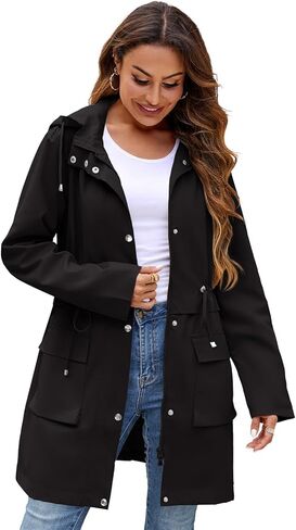 Womens Rain Jacket with Hood, Long Rain Coat for Women Waterproof Trench Coat Lined Windbreaker Fall Jacket in Kuwait