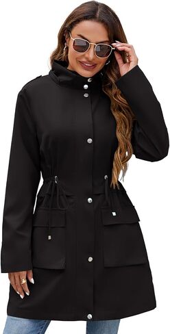 Womens Rain Jacket with Hood, Long Rain Coat for Women Waterproof Trench Coat Lined Windbreaker Fall Jacket in Kuwait