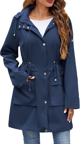 Womens Rain Jacket with Hood, Long Rain Coat for Women Waterproof Trench Coat Lined Windbreaker Fall Jacket in Kuwait