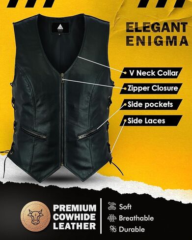 Women’s Genuine Cowhide Leather Vest – Classic Side Lace Biker Waistcoat with Soft Lining & Multi Pockets in Saudi Arabia