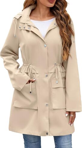 Womens Rain Jacket with Hood, Long Rain Coat for Women Waterproof Trench Coat Lined Windbreaker Fall Jacket in Kuwait
