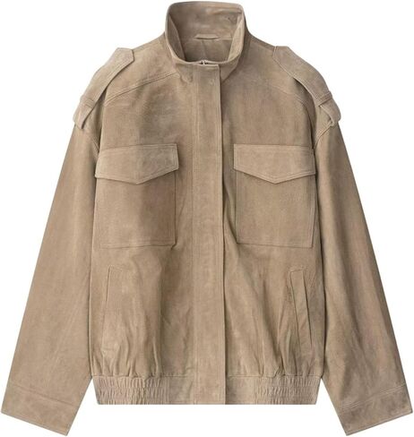 Womens Faux Suede Leather Jackets Zipper Lapel Long Sleeve Bomber Jackets Oversized Blazer Going Out Outwear(Khaki,S) in Saudi Arabia