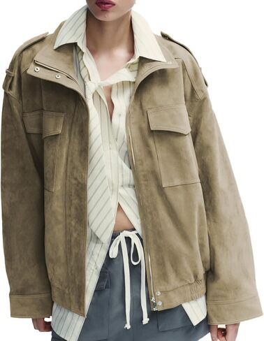 Womens Faux Suede Leather Jackets Zipper Lapel Long Sleeve Bomber Jackets Oversized Blazer Going Out Outwear(Khaki,S) in Saudi Arabia