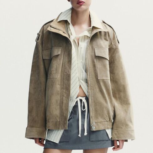 Womens Faux Suede Leather Jackets Zipper Lapel Long Sleeve Bomber Jackets Oversized Blazer Going Out Outwear(Khaki,S) in Saudi Arabia