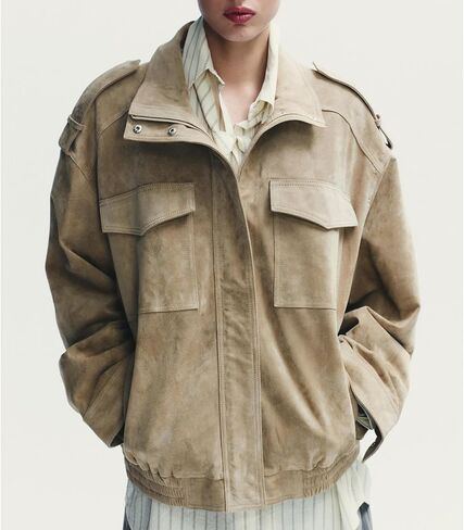 Womens Faux Suede Leather Jackets Zipper Lapel Long Sleeve Bomber Jackets Oversized Blazer Going Out Outwear(Khaki,S) in Saudi Arabia