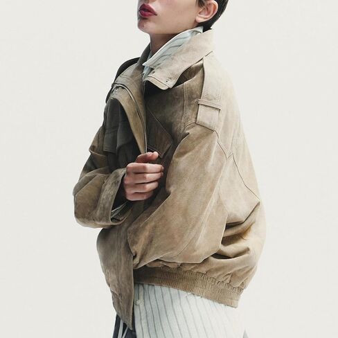 Womens Faux Suede Leather Jackets Zipper Lapel Long Sleeve Bomber Jackets Oversized Blazer Going Out Outwear(Khaki,S) in Saudi Arabia