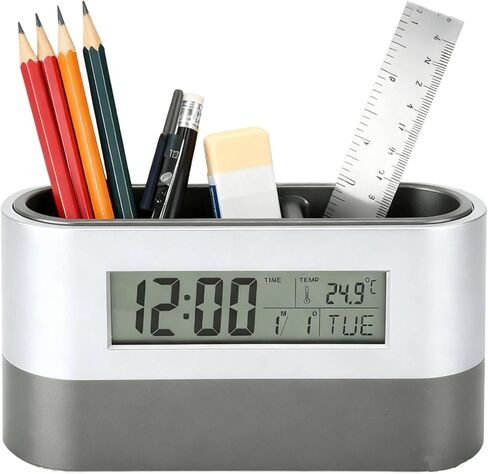 Desktop Pencil Cup, LCD Electronic Clock Pen Holder Lcd Electronic Clock Perpetual Calendar Clock Multifunctional Desk Clock Calendar Stationery Organizer for Office and Home in Kuwait